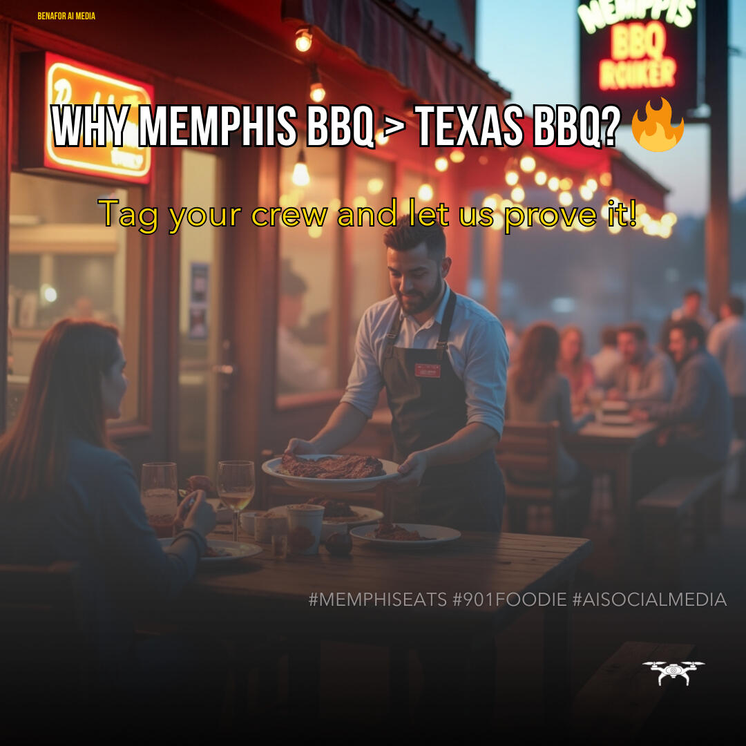 Social media post mock-up featuring a Memphis BBQ restaurant scene with a server bringing a plate of ribs to customer, promoting local dining.